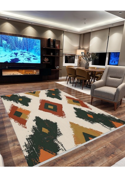 Etnik Kilim Desenli Halı – Yıkanabilir, Kaymaz Tabanlı, Bohem Tarz, Kiremit & Yeşil Renk