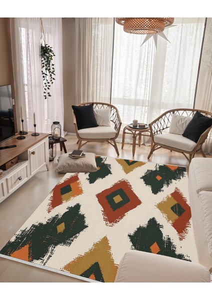 Etnik Kilim Desenli Halı – Yıkanabilir, Kaymaz Tabanlı, Bohem Tarz, Kiremit & Yeşil Renk