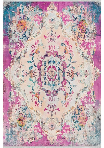 Vintage Pembe Desenli Yıkanabilir Kaymaz Halı Makinede Yıkanabilir, Ince ve Kapı Altı Uyumlu