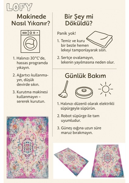 Vintage Pembe Desenli Yıkanabilir Kaymaz Halı Makinede Yıkanabilir, Ince ve Kapı Altı Uyumlu