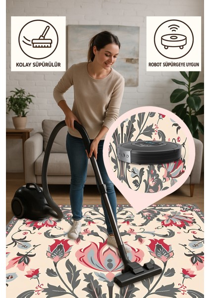 Osmanlı Lale Desenli Halı – Klasik Türk Motifi, Yıkanabilir, Kaymaz Tabanlı, Evcil Hayvan Dostu