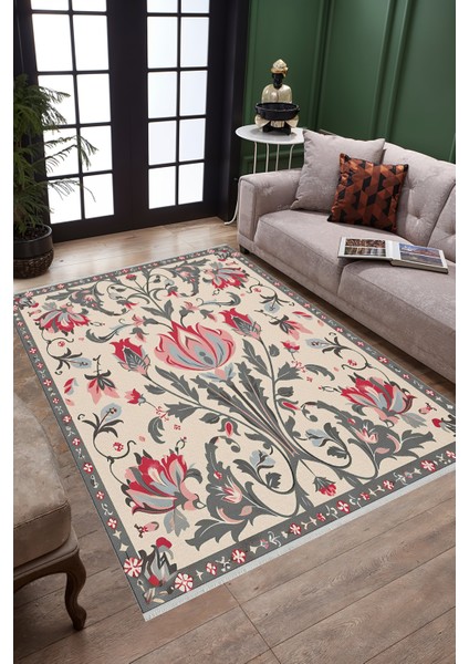 Osmanlı Lale Desenli Halı – Klasik Türk Motifi, Yıkanabilir, Kaymaz Tabanlı, Evcil Hayvan Dostu