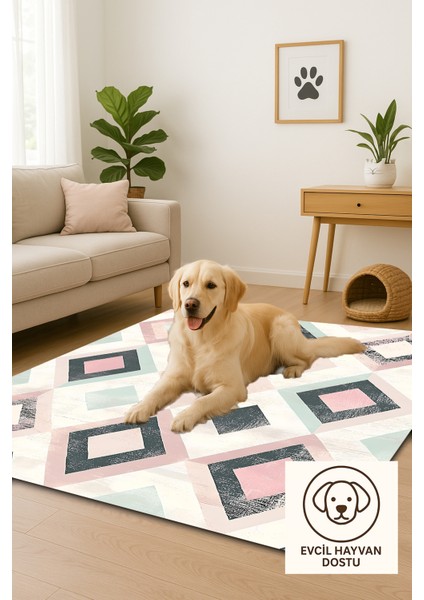 Geometrik Desenli Modern Halı – Makinede Yıkanabilir, Antibakteriyel ve Bebek Dostu