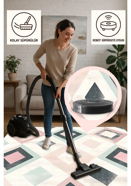 Geometrik Desenli Modern Halı – Makinede Yıkanabilir, Antibakteriyel ve Bebek Dostu