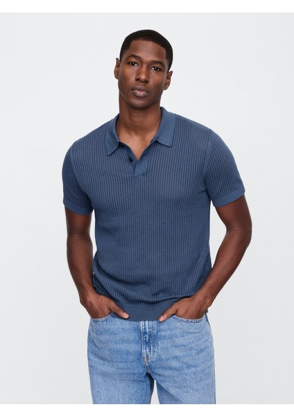 Erkek Mavi Polo Yaka Ribana T-Shirt