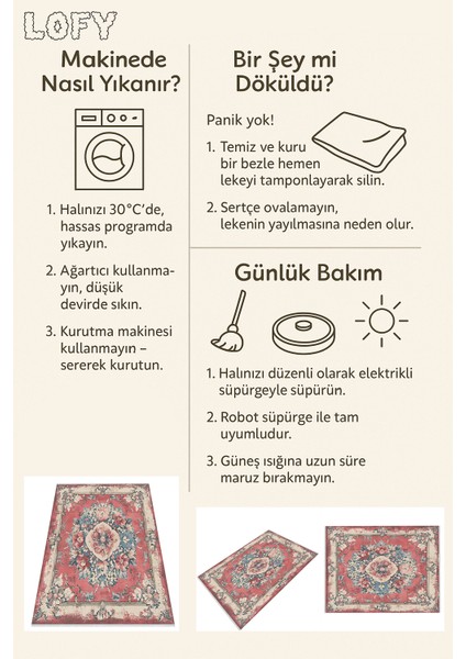 Yıkanabilir Kırmızı Vintage Çiçekli Halı Kaymaz, Ince Yapı, Kapı Altı Uyumlu Tasarım