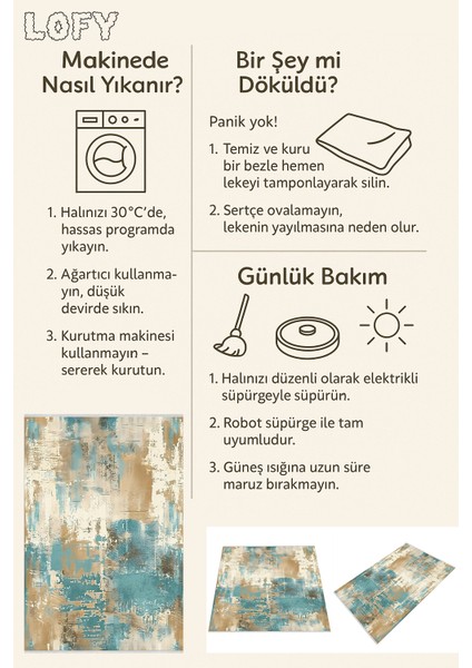 Modern Turkuaz Salon Halısı – Fırça Darbeli Desen, Makinede Yıkanabilir, Kaymaz Taban, Toz Tutmaz