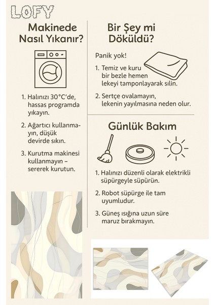 Lofy Modern Dalga Desenli Halı Yıkanabilir & Kaymaz Taban | Krem-Bej Gri Tonlarında