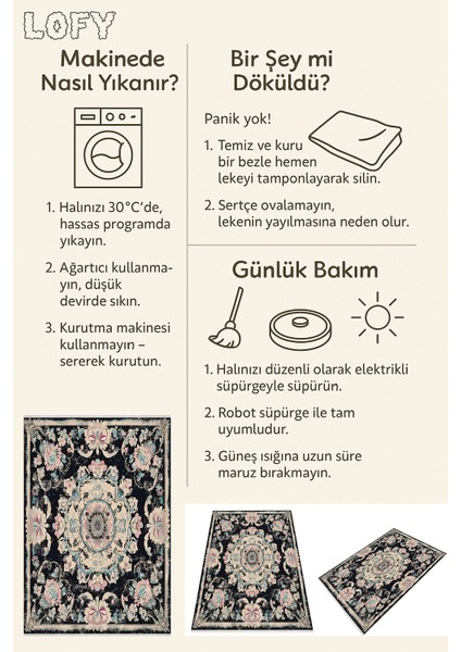 Siyah Zemin Üzerine Çiçek Desenli Yıkanabilir Vintage Halı Kaymaz, Makine Yıkamalı, Ince Tasarım