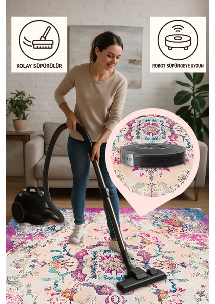 Vintage Pembe Desenli Yıkanabilir Kaymaz Halı Makinede Yıkanabilir, Ince ve Kapı Altı Uyumlu