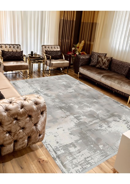 Modern Gri Renkli Salon Halısı, Yıkanabilir, Kaymaz Tabanlı, Soft Dokulu, Kolay Temizlik Şık Görünüm