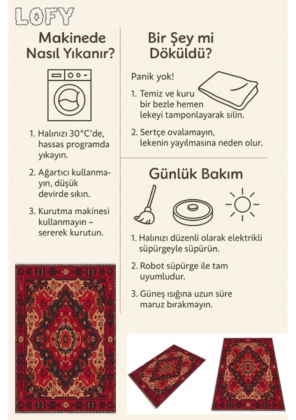 Etnik Desenli Yıkanabilir Halı – Kaymaz Tabanlı, Klasik Anadolu Motifli | Kırmızı & Siyah Renkli