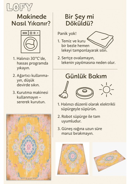Sarı Zeminli Pembe Mavi Desenli Halı, Eskitme Vintage Tasarım, Kaymaz Taban, Yıkanabilir Model