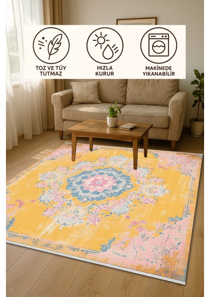 Sarı Zeminli Pembe Mavi Desenli Halı, Eskitme Vintage Tasarım, Kaymaz Taban, Yıkanabilir Model