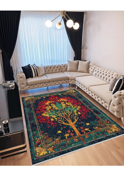 Hayat Ağacı Motifli Halı - Kırmızı, Sarı ve Yeşil Tonlarında
