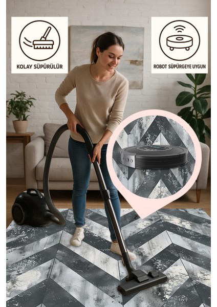 Modern Zigzag Desenli Halı – Gri & Siyah | Kaymaz, Yıkanabilir, Ince Dokulu