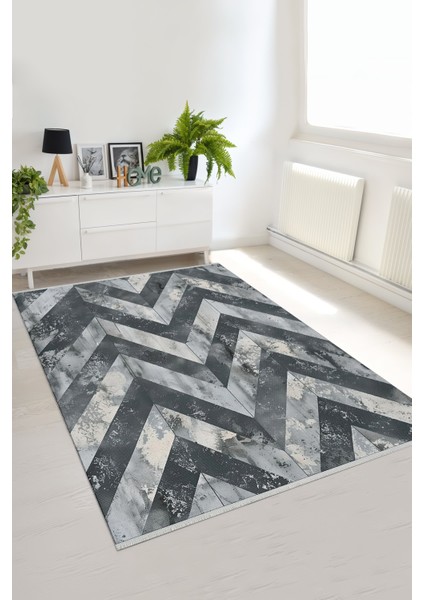 Modern Zigzag Desenli Halı – Gri & Siyah | Kaymaz, Yıkanabilir, Ince Dokulu