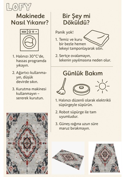 Modern Eskitme Desenli Halı, Açık Gri Zemin, Bordo Antrasit Motif, Kaymaz Tabanlı, Yıkanabilir
