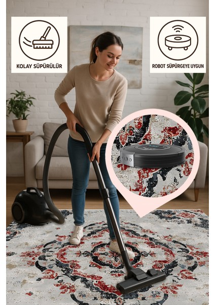 Modern Eskitme Desenli Halı, Açık Gri Zemin, Bordo Antrasit Motif, Kaymaz Tabanlı, Yıkanabilir
