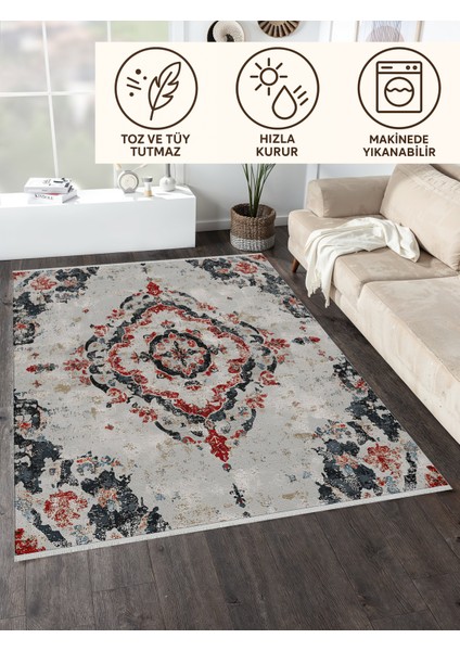 Modern Eskitme Desenli Halı, Açık Gri Zemin, Bordo Antrasit Motif, Kaymaz Tabanlı, Yıkanabilir