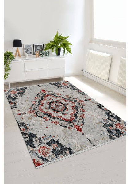 Modern Eskitme Desenli Halı, Açık Gri Zemin, Bordo Antrasit Motif, Kaymaz Tabanlı, Yıkanabilir