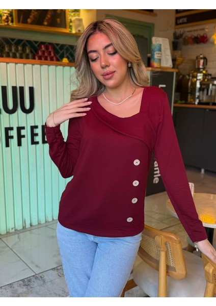 Kadın Uzun Kollu Geometrik Yaka Detay Yandan Düğmeli Viskon Iki Iplik Bluz fırsatları