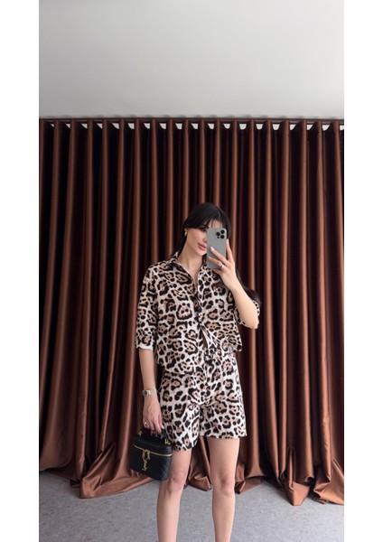 Poplin Leopar Şort-Gömlek Takım
