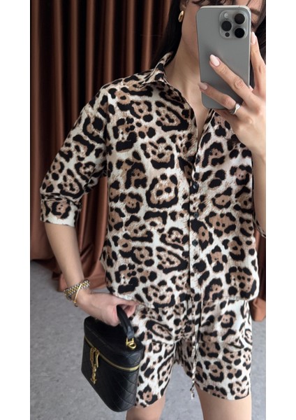 Poplin Leopar Şort-Gömlek Takım modelleri
