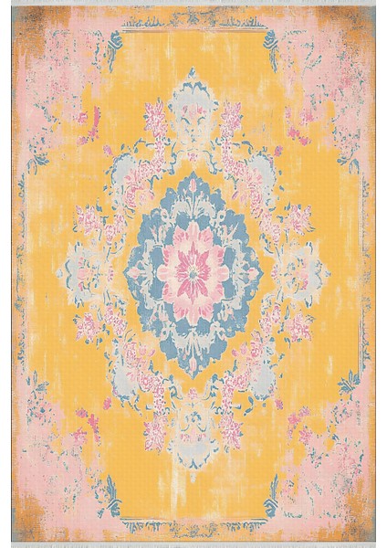 Sarı Zeminli Pembe Mavi Desenli Halı, Eskitme Vintage Tasarım, Kaymaz Taban, Yıkanabilir Model