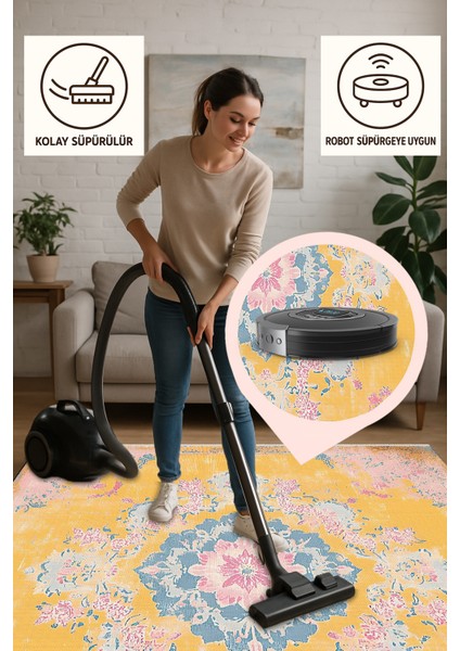 Sarı Zeminli Pembe Mavi Desenli Halı, Eskitme Vintage Tasarım, Kaymaz Taban, Yıkanabilir Model