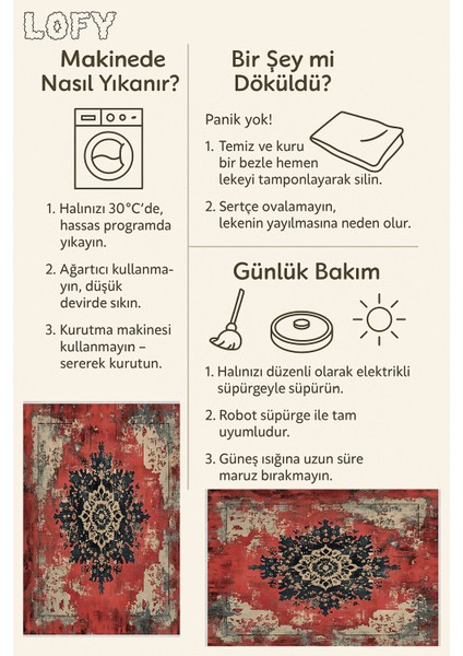 Vintage Eskitme Halı – Kırmızı & Siyah & Bej | Yıkanabilir, Kaymaz Tabanlı | Retro Salon Halısı