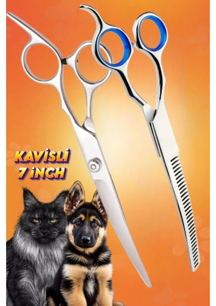 Titanium Grey Çantalı Kavisli Makas Seti 7 Inç Düz Kesim Makası ve Tüy Toplama Inceltme Makası