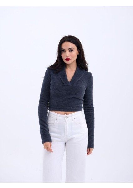 42531 Triko Simli Yakalı Crop-Antrasit