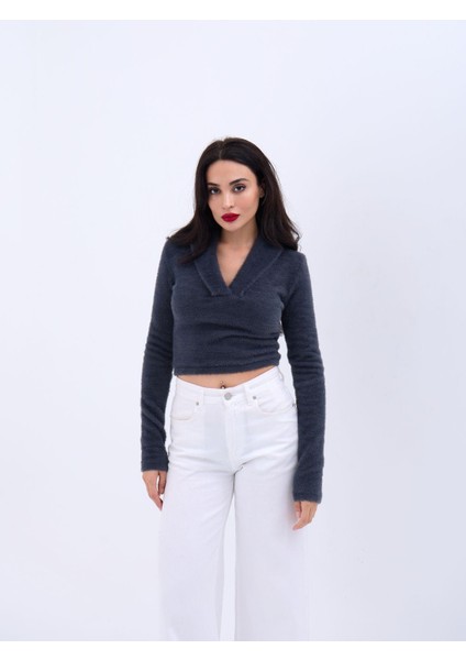 42531 Triko Simli Yakalı Crop-Antrasit