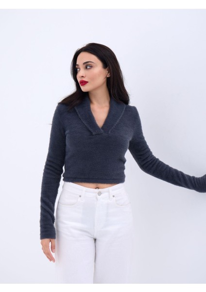 42531 Triko Simli Yakalı Crop-Antrasit