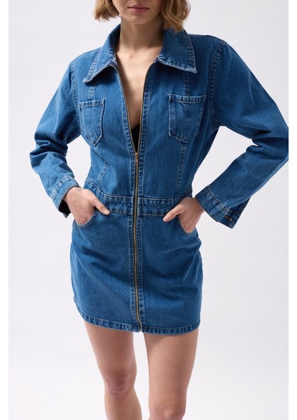 Cep Detaylı Fermuarlı Denim Elbise