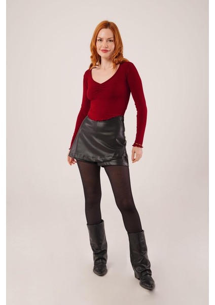 Geniş Yaka Bordo Basic Body Bluz