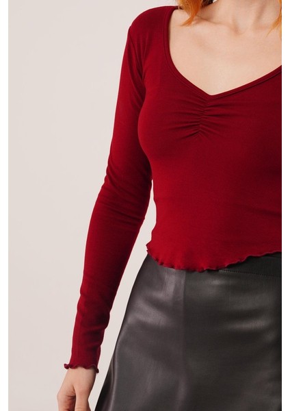 Geniş Yaka Bordo Basic Body Bluz