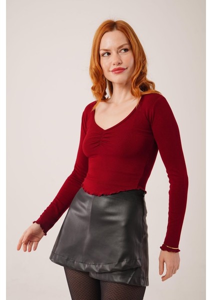 Geniş Yaka Bordo Basic Body Bluz