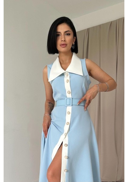Bebe Mavi Geniş Yakalı Halter Kollu Elbise