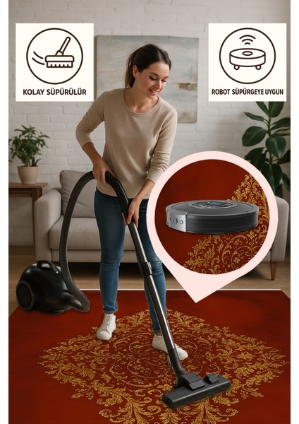 Makinede Yıkanabilir Kaymaz Halı – Osmanlı Desenli Bordo Altın | Dar Alanlara Uygun | 80 x 150