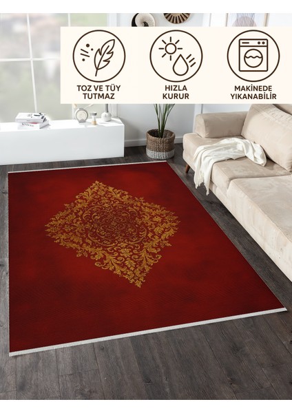 Makinede Yıkanabilir Kaymaz Halı – Osmanlı Desenli Bordo Altın | Dar Alanlara Uygun | 80 x 150