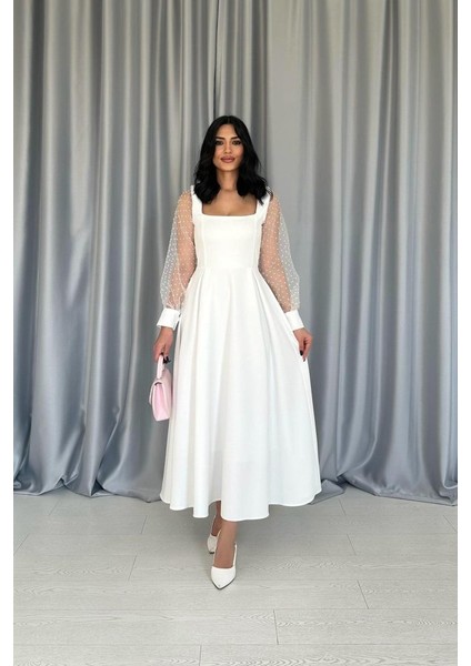 Beyaz Kolları Organze Kuplu Elbise
