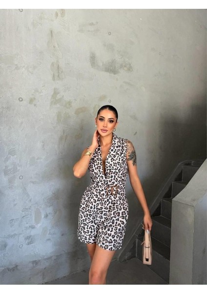 Leopar Şort Tulum Ceket Yaka Toka Detaylı - Leopar