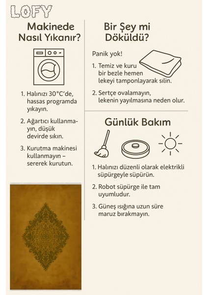 Makinede Yıkanabilir Kaymaz Hardal Halı – Klasik Desenli | Ince Yapı & Robot Süpürge Uyumlu