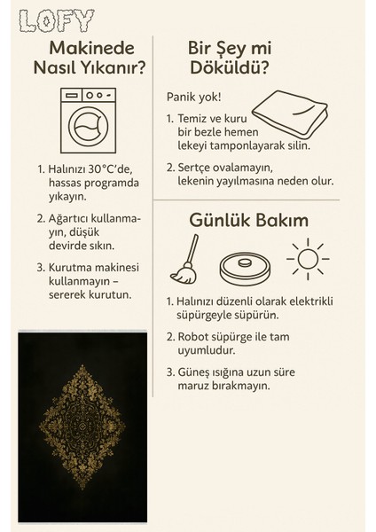 Makinede Yıkanabilir Kaymaz Siyah Halı – Altın Desenli | Ince Yapı & Robot Süpürge Uyumlu