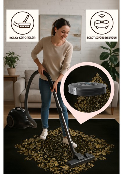 Makinede Yıkanabilir Kaymaz Siyah Halı – Altın Desenli | Ince Yapı & Robot Süpürge Uyumlu