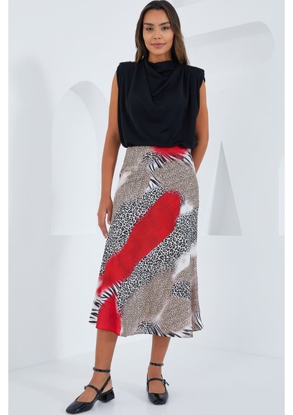 Kırmızı Siyah Desenli Saten Etek 15806