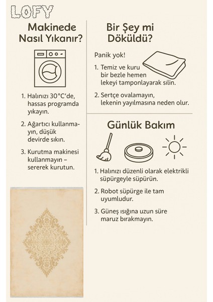 Makinede Yıkanabilir Kaymaz Krem Halı – Bej Desenli | Ince Yapı & Robot Süpürgeye Uyumlu