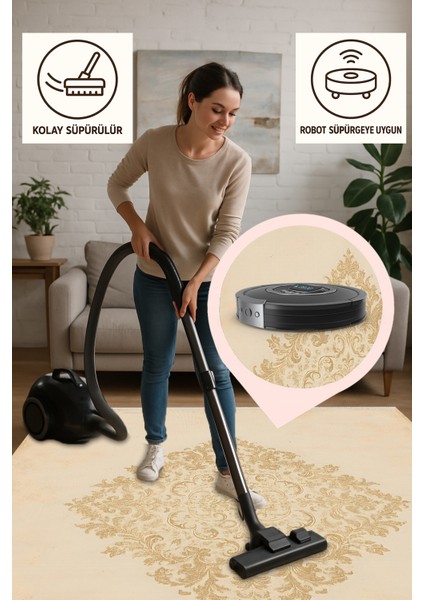 Makinede Yıkanabilir Kaymaz Krem Halı – Bej Desenli | Ince Yapı & Robot Süpürgeye Uyumlu